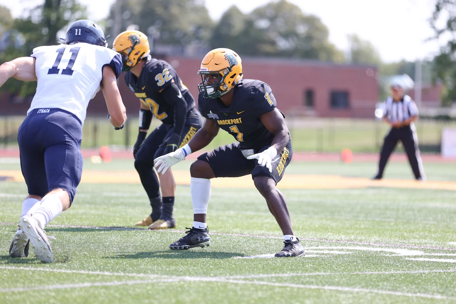 Brockport DB covering the WR at the snap of the ball