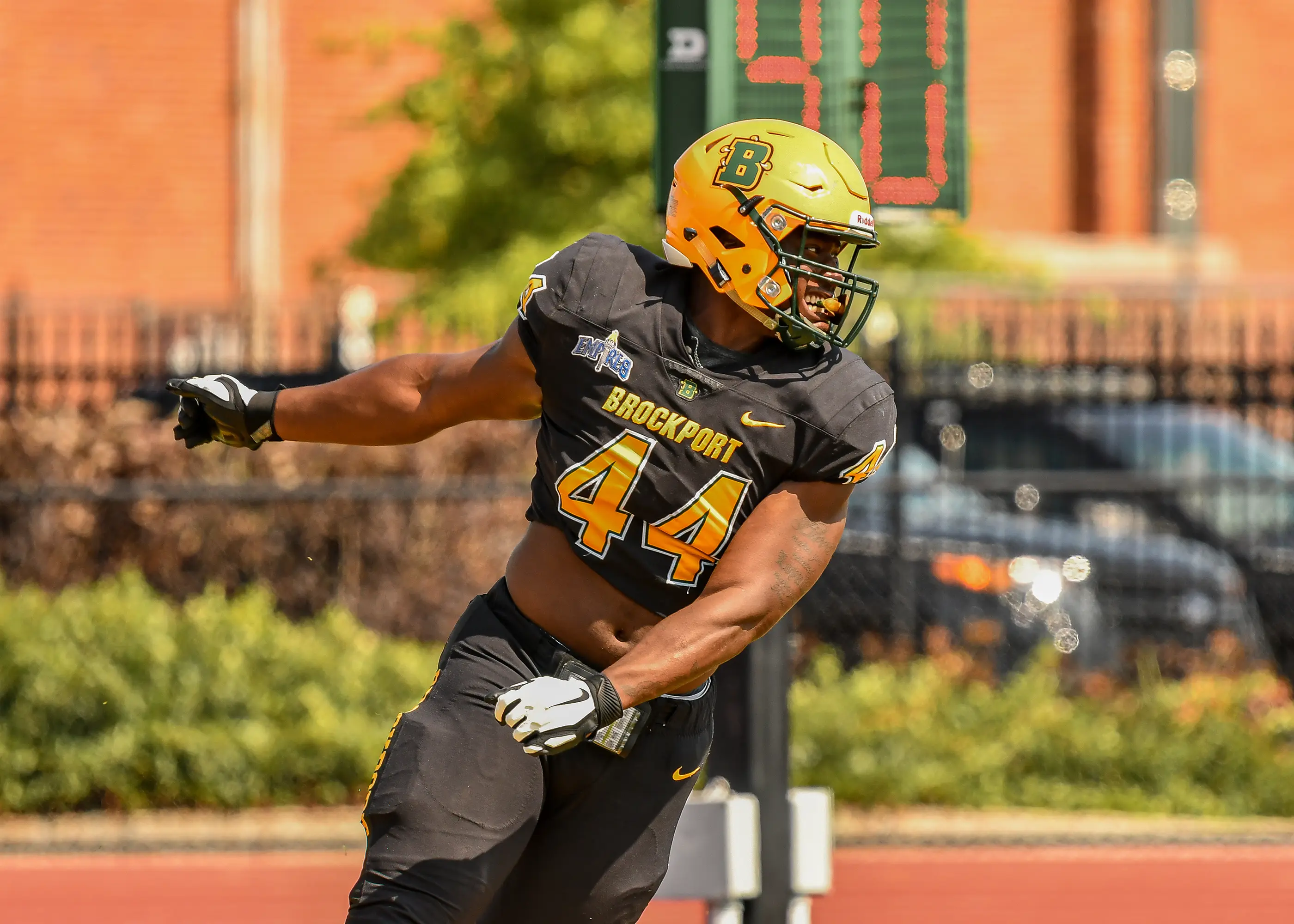 Brockport DL looking back at the sack in the backfield
