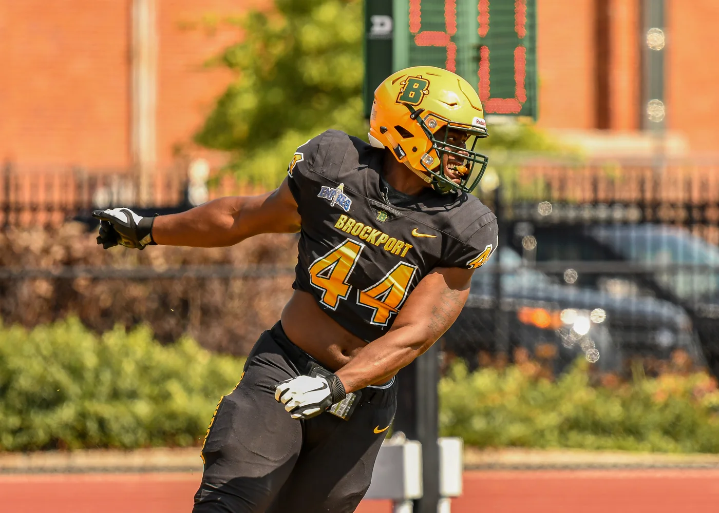 Brockport defensive lineman looking back at the sack against Ithaca