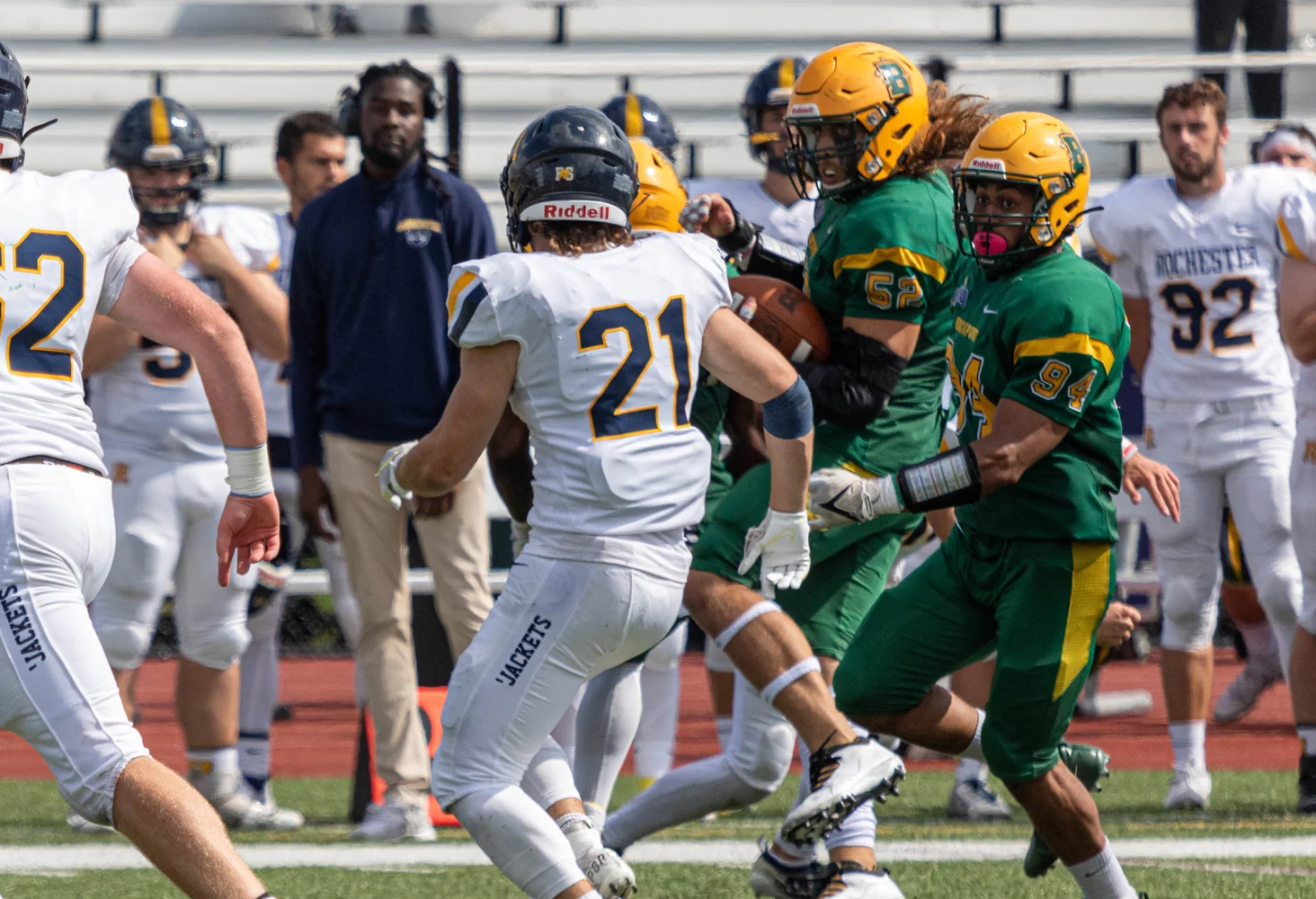 LB for Brockport returning the interception down the field